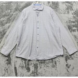 Tasso Elba Shirt Mens XXL 18-18 1/2‎ Blue White Tan Plaid Long Sleeve Button Up